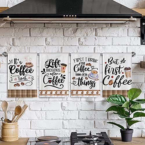 Heksagram Kahve mutfak havluları 4 Set, Kahve Lover Hediyeler Kahve el havluları için Mutfak Eve Taşınma Çiftlik Evi